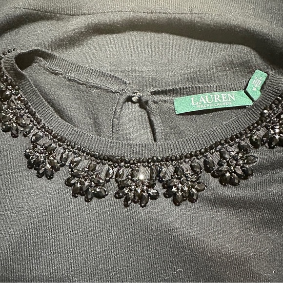Lauren Ralph Lauren Embellished Long Sleeve Solid Black Beaded Neckline Sweater - Picture 4 of 7